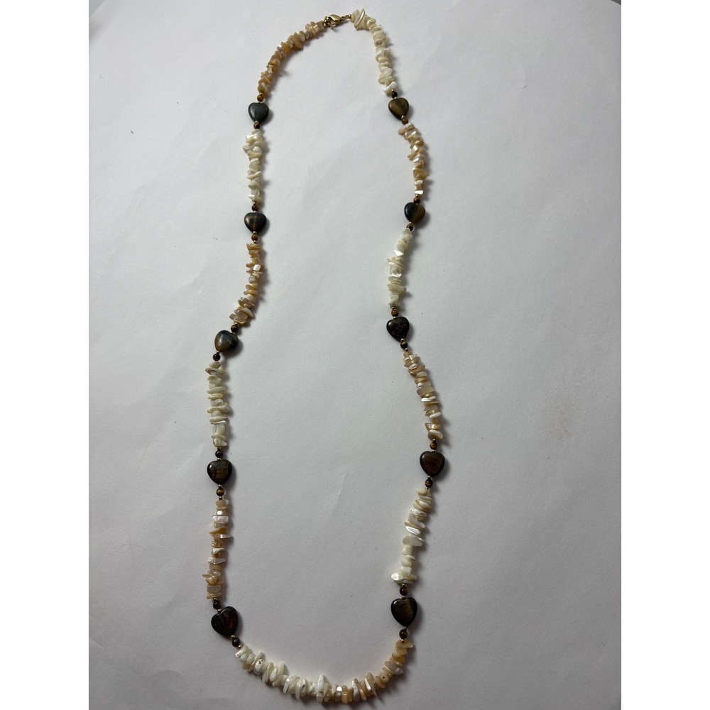 Natural Shell Chip Necklace w Tiger Eye Heart‎ Beads Brown Cream Boho Valentines